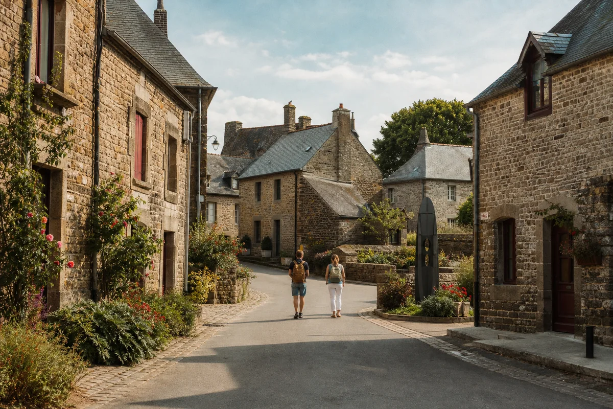 Visitors walking along a flower-lined street of granite houses