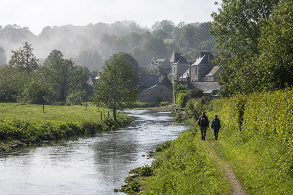 Two walkers beside a wooded river in a misty rural valley