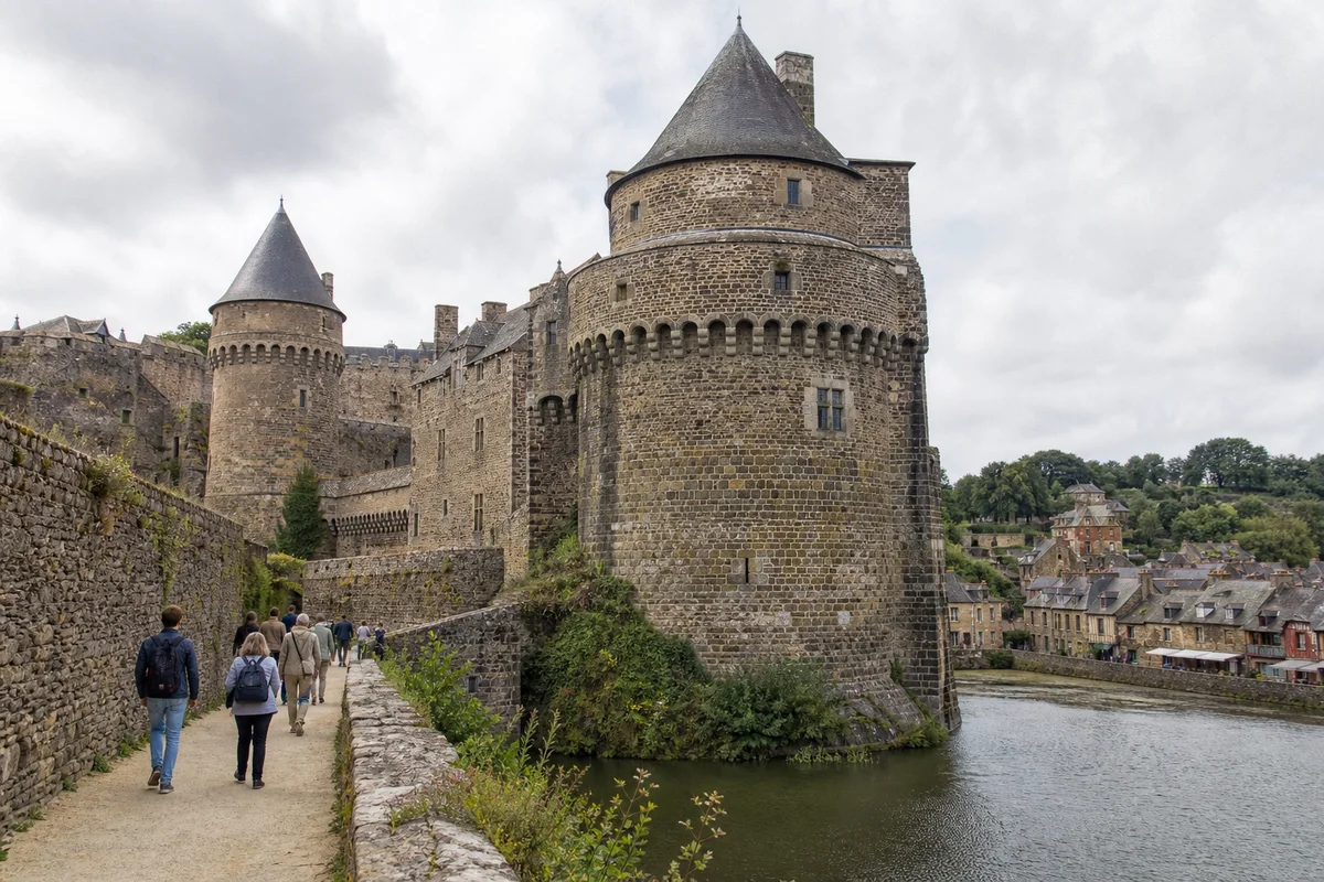 Visitors beside the stone towers, walls and water of a medieval fortress