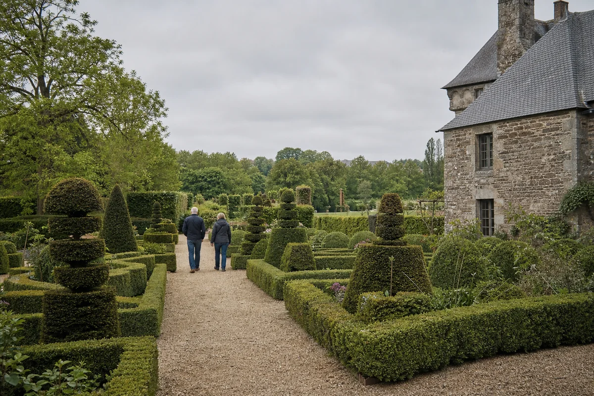 Visitors crossing a formal topiary garden beside a stone manor
