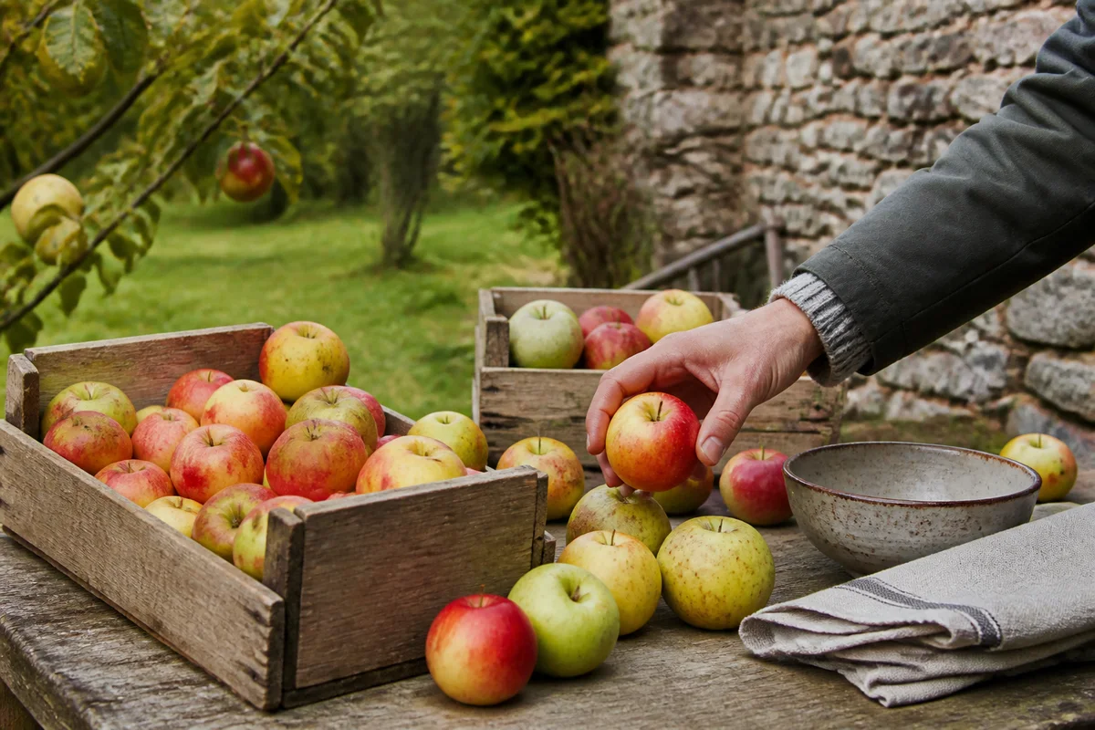 Fresh apples in wooden crates on a table beside an orchard
