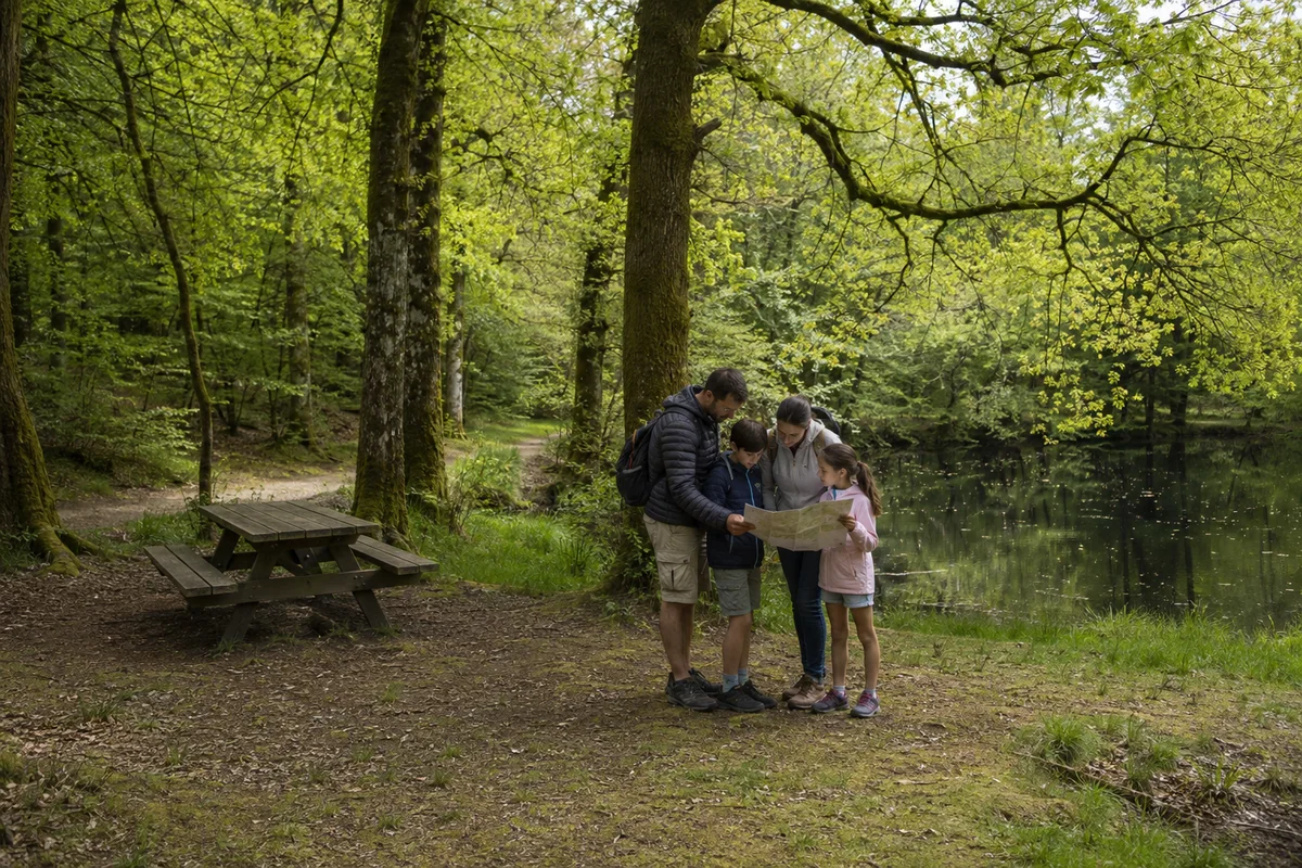 A family reading a map beside a woodland pond and picnic table