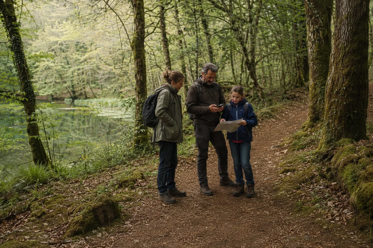 A family comparing a paper map with a phone on a woodland path